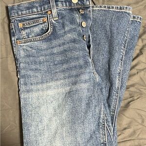 Denim Forum Distressed Medium Blue Button-Fly Jeans